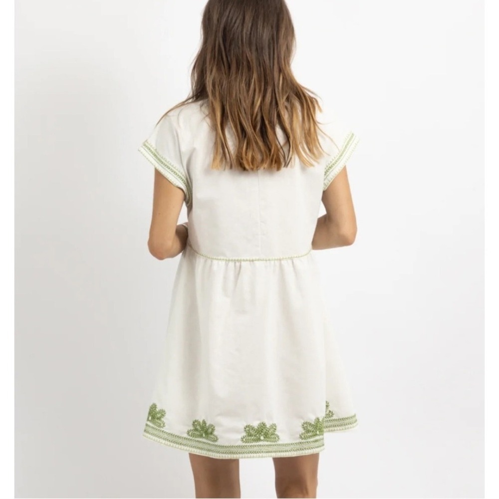 Zara White Embroidered Dress Womens Extra Small XS Green Trim Boho Chic - Picture 2 of 8